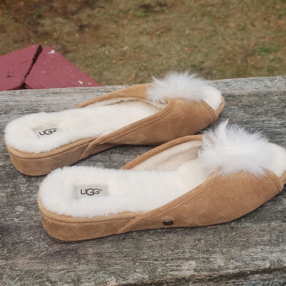 UGG Chestnut Shearling Slide Slippers with White Fur Trim